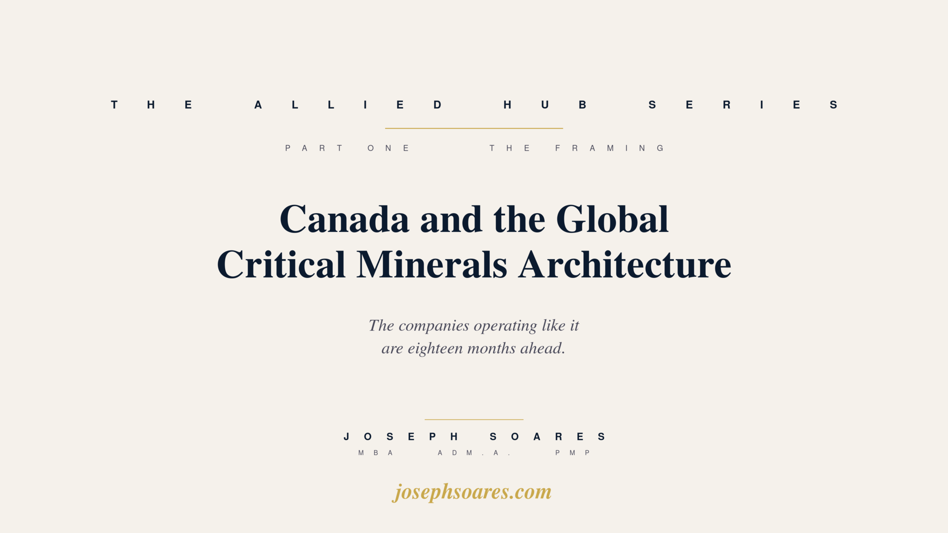The Allied Hub Series — Canada and the Global Critical Minerals Architecture. Diagram showing three buyer blocs (Atlantic, Indo-Pacific, Hemispheric) converging on Canada at the centre.