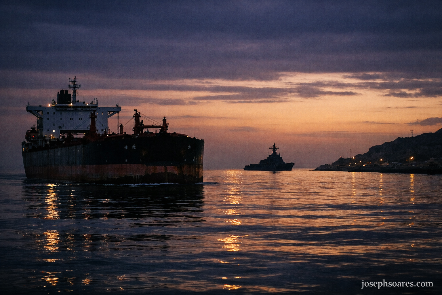 A Chinese-flagged oil tanker transiting the Strait of Hormuz at dusk, a US Navy destroyer in the middle distance