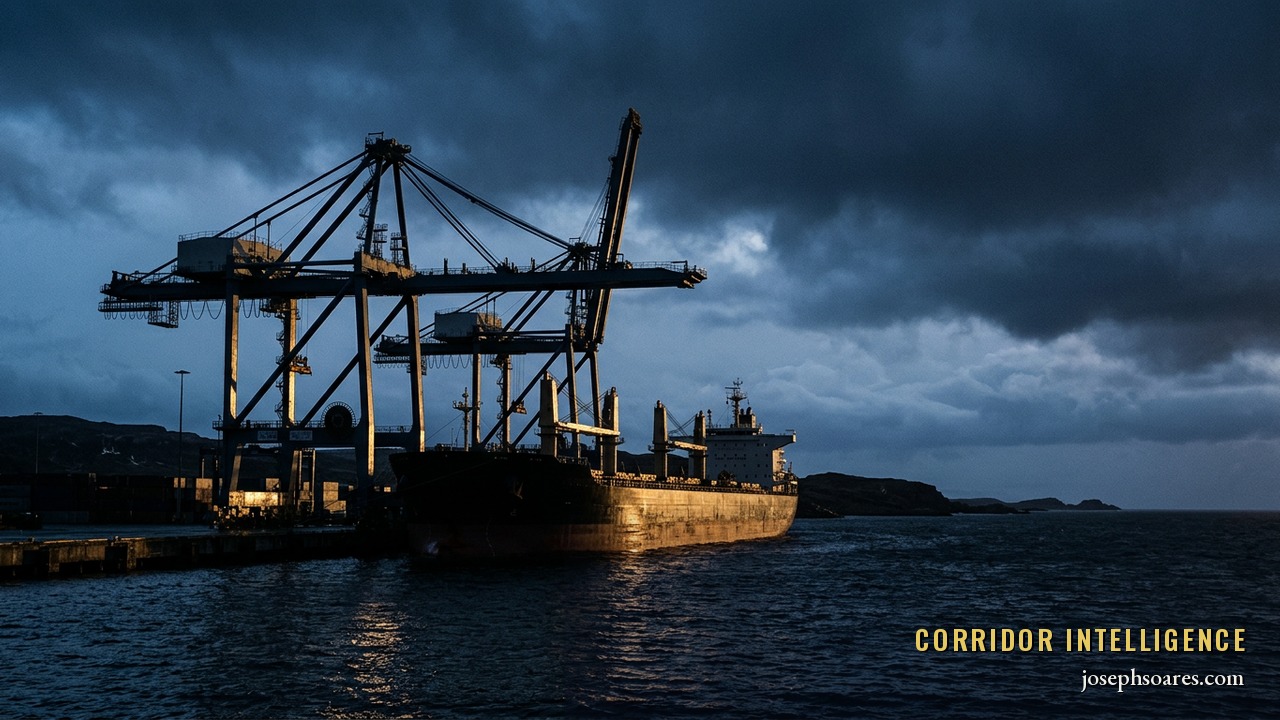 A deep-water critical-minerals export terminal at dusk, gantry cranes and a cargo ship under a dramatic navy sky — the Atlantic offtake architecture between Canada and the EU