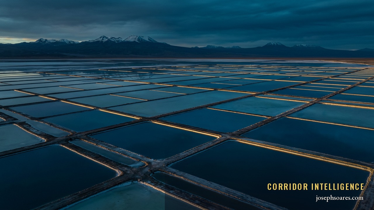 Aerial view of Andean lithium brine evaporation ponds at dusk, gold sunset light on the geometric grid against deep navy pools — South America’s critical-minerals contest
