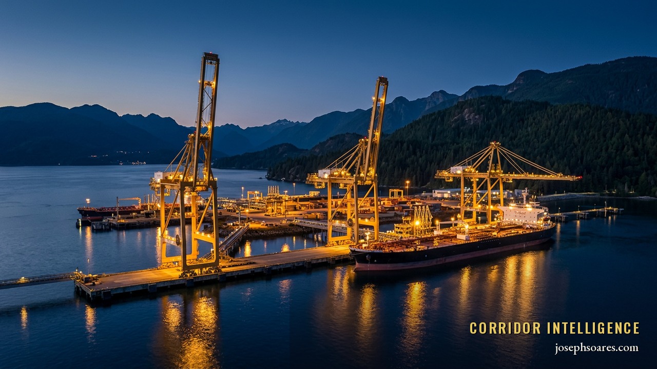 A Pacific deep-water energy export terminal on the British Columbia coast at blue hour, gold-lit gantry cranes and a berthed tanker against navy mountains — Canada's west-coast corridor to Asia