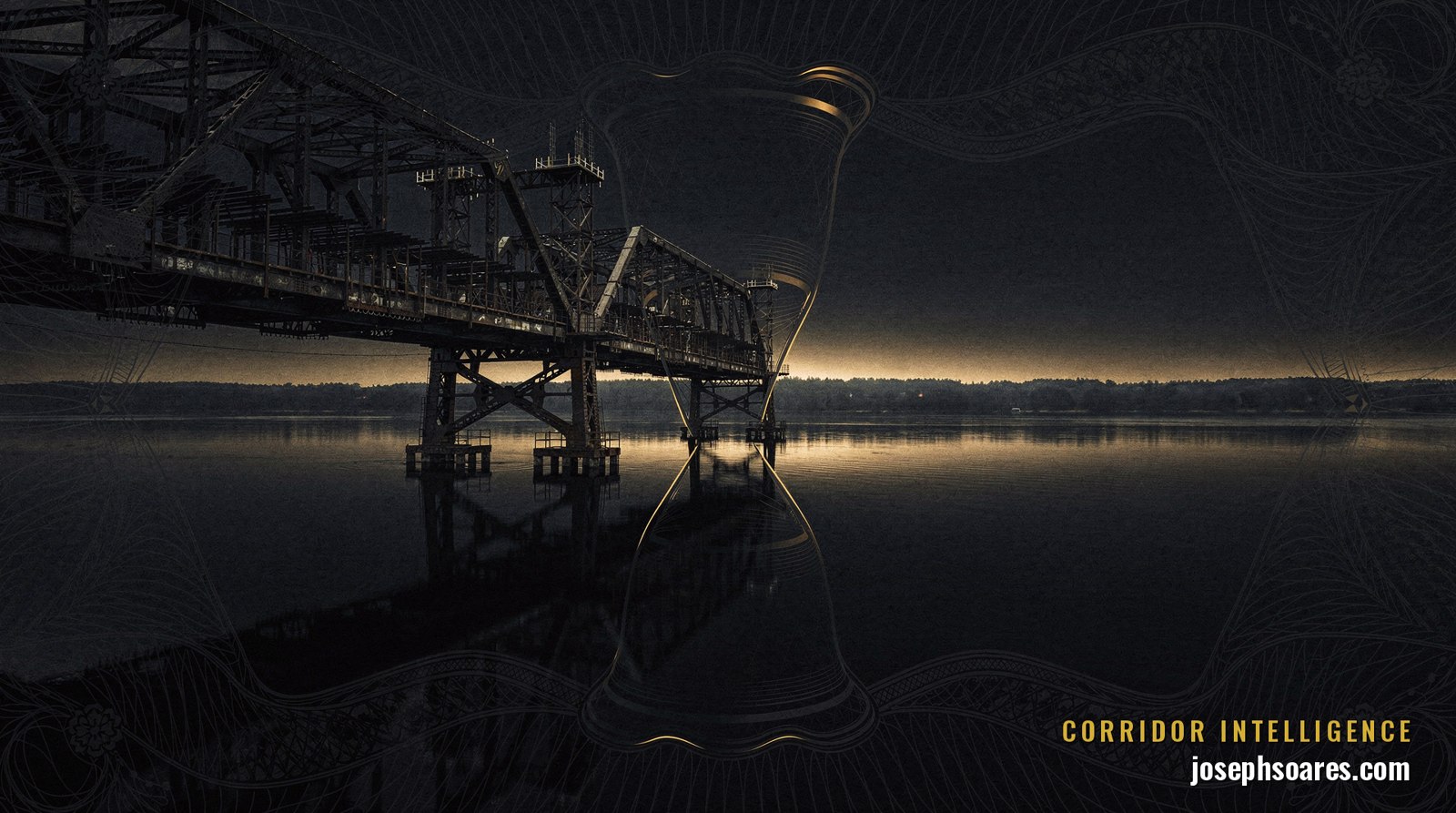 A lone unfinished bridge of steel and light reaching across a wide northern river at blue hour, deep navy bleeding into gold — Corridor Intelligence
