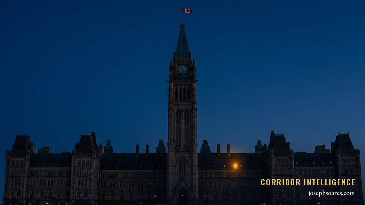 The Canadian Parliament Peace Tower at dusk with a single gold-lit window — a fragile one-seat governing margin