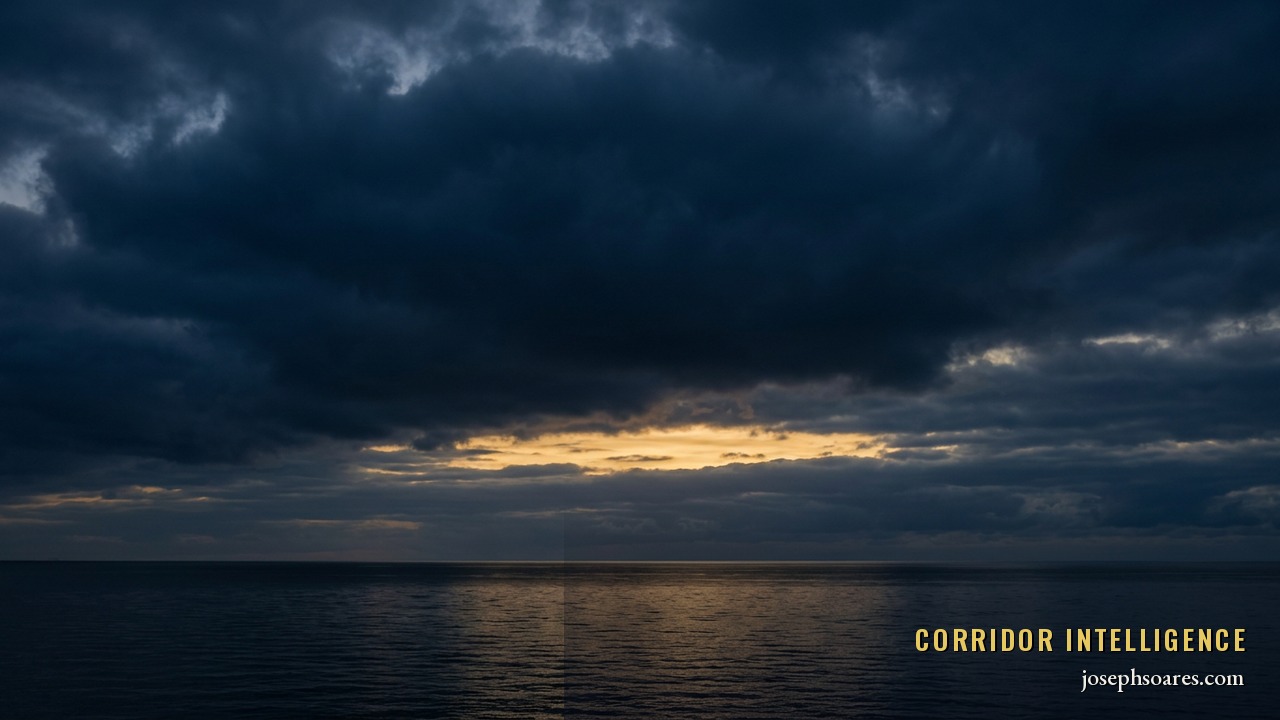 A thin band of gold light breaking through immense dark storm clouds over a still, dark sea — the deceptive calm of a fragile ceasefire
