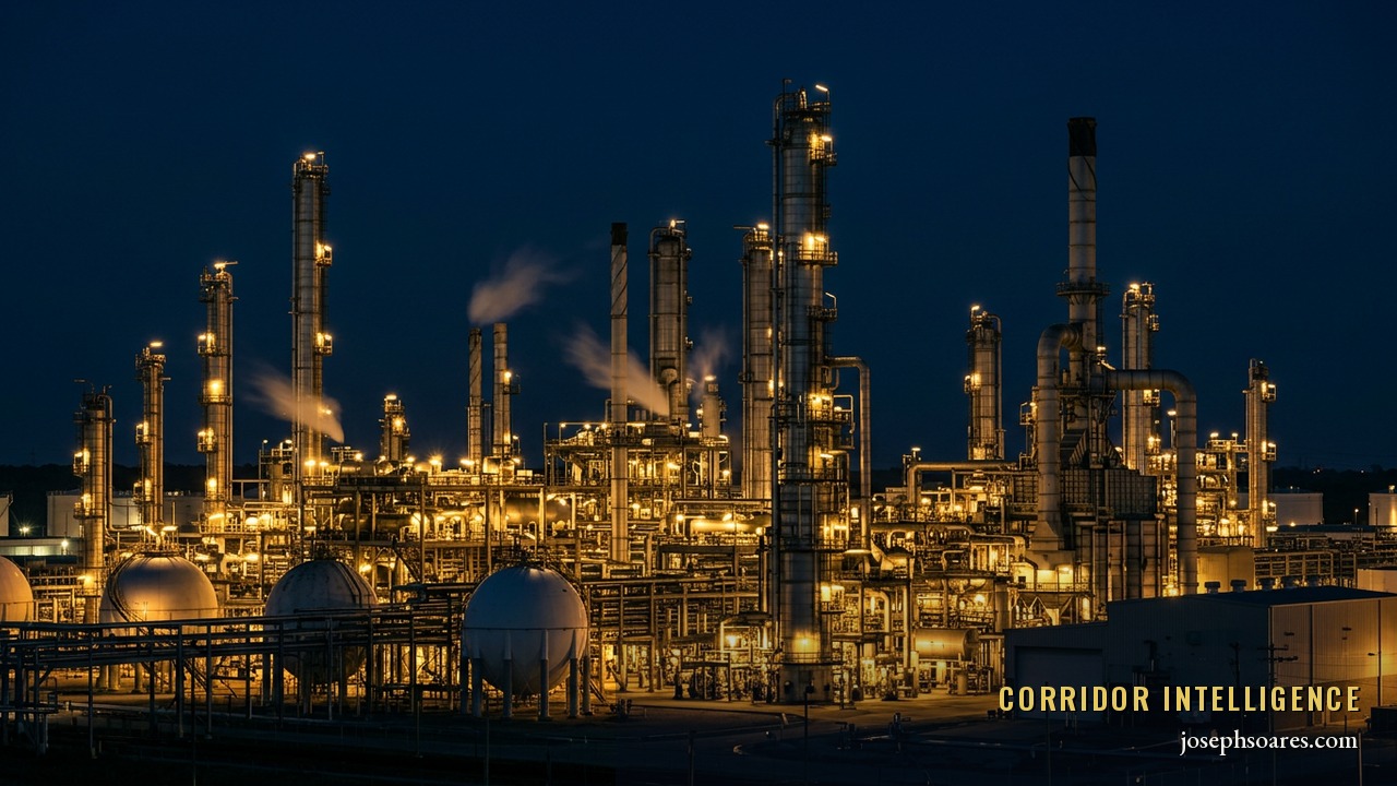 A vast petrochemical and fertilizer plant glowing gold at night against a deep navy sky — the interconnected helium, fertilizer, and oil crises