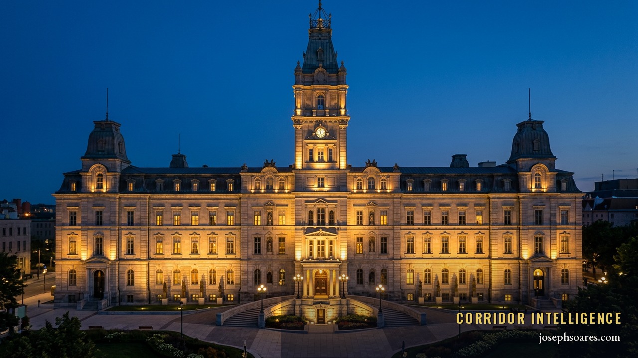The Quebec National Assembly building lit in gold against a deep navy twilight — a provincial leadership transition