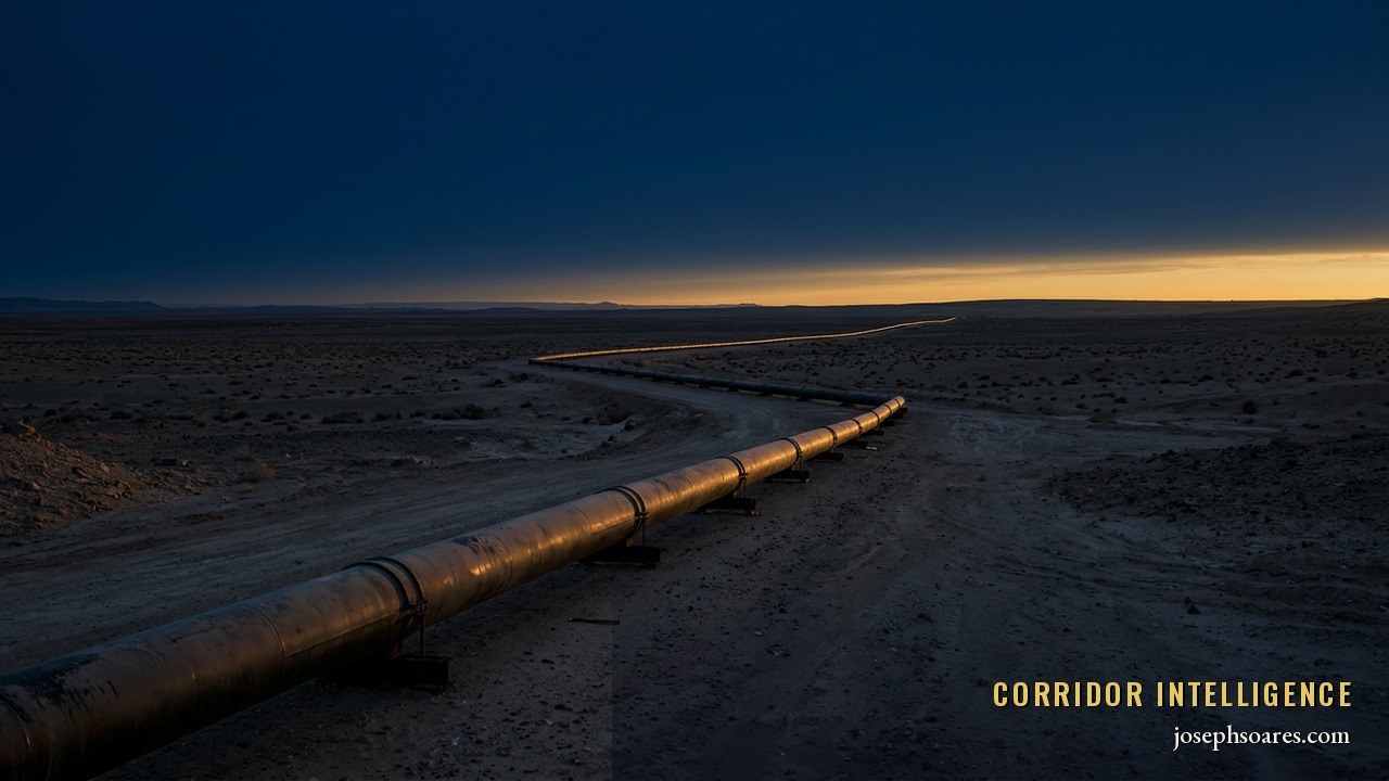 A lone oil-and-gas pipeline snaking across a vast desert toward a gold horizon at dusk — energy infrastructure and a tense pause, not peace