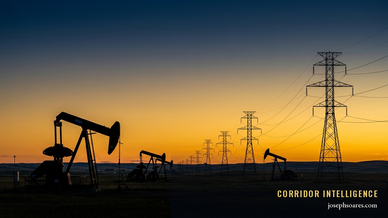 Alberta prairie pumpjacks and transmission towers silhouetted against a gold-and-navy dusk — a federal-provincial energy standoff