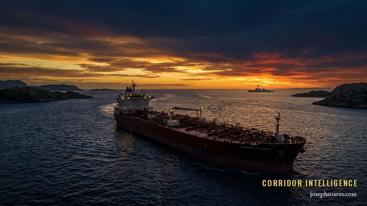 A laden oil tanker under a burning gold-and-navy sky in a tense narrow strait, a distant warship on the horizon — a contested Strait of Hormuz