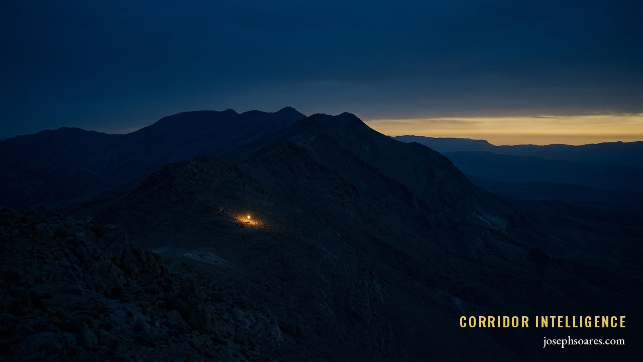 A single gold distress beacon glowing on a vast dark mountain ridgeline at dusk — a covert extraction under way in hostile terrain