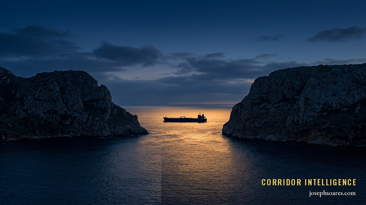 A lone oil tanker silhouetted between dark headlands on gold-lit water at blue hour — a contested maritime chokepoint