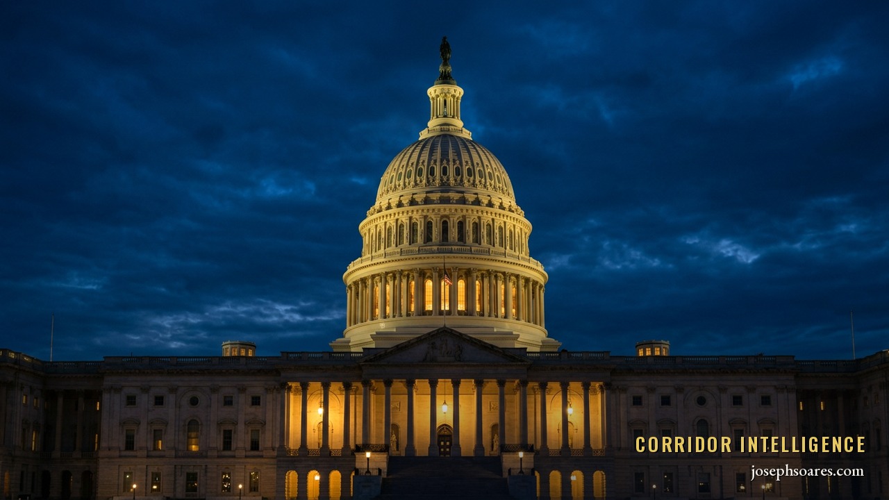 A gold-lit domed capitol against a dramatic navy twilight sky — the prestige of high office as a finite strategic asset