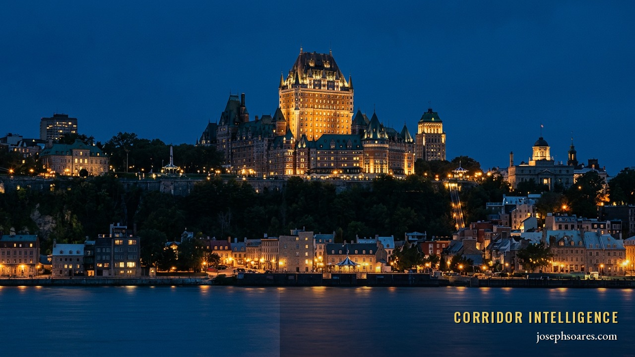 The Château Frontenac and Quebec City skyline at blue-hour dusk, gold window light against a deep navy sky above the St. Lawrence — Quebec identity and sovereignty