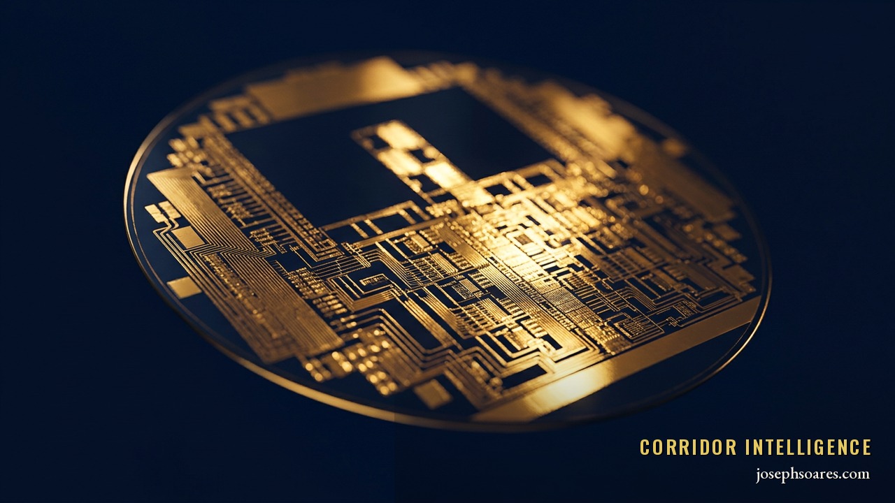 A gold semiconductor wafer catching light against deep navy, intricate circuitry glinting — a global chip supply chain being redrawn