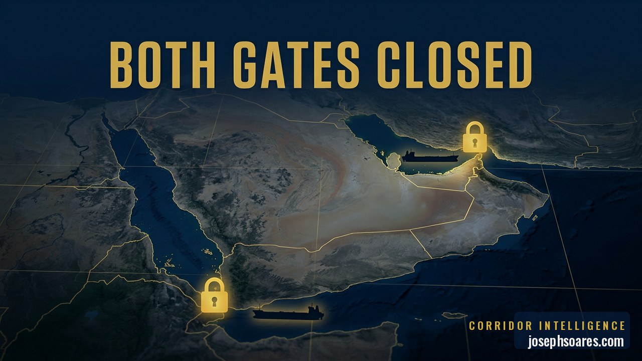 A Gulf and Red Sea map with the Strait of Hormuz and Bab al-Mandeb both marked by gold padlocks against deep navy — the world's two oil doors shut at once