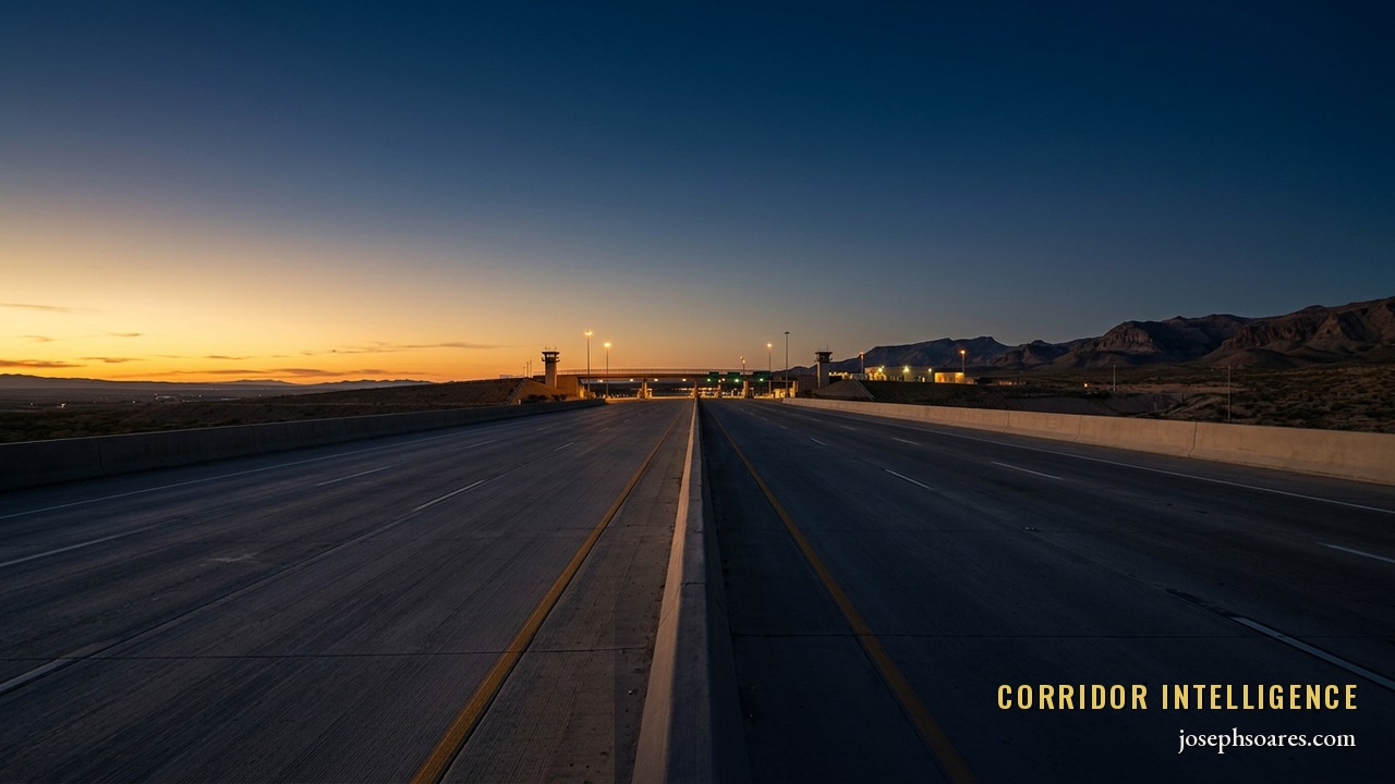 An empty cross-border highway leading to a distant lit checkpoint under a deep navy dusk sky — a temporary trade reprieve