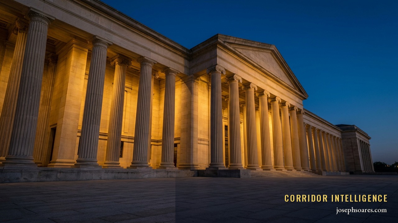 A grand neoclassical government colonnade lit in gold against a deep navy dusk sky — the vetting and security apparatus of the state