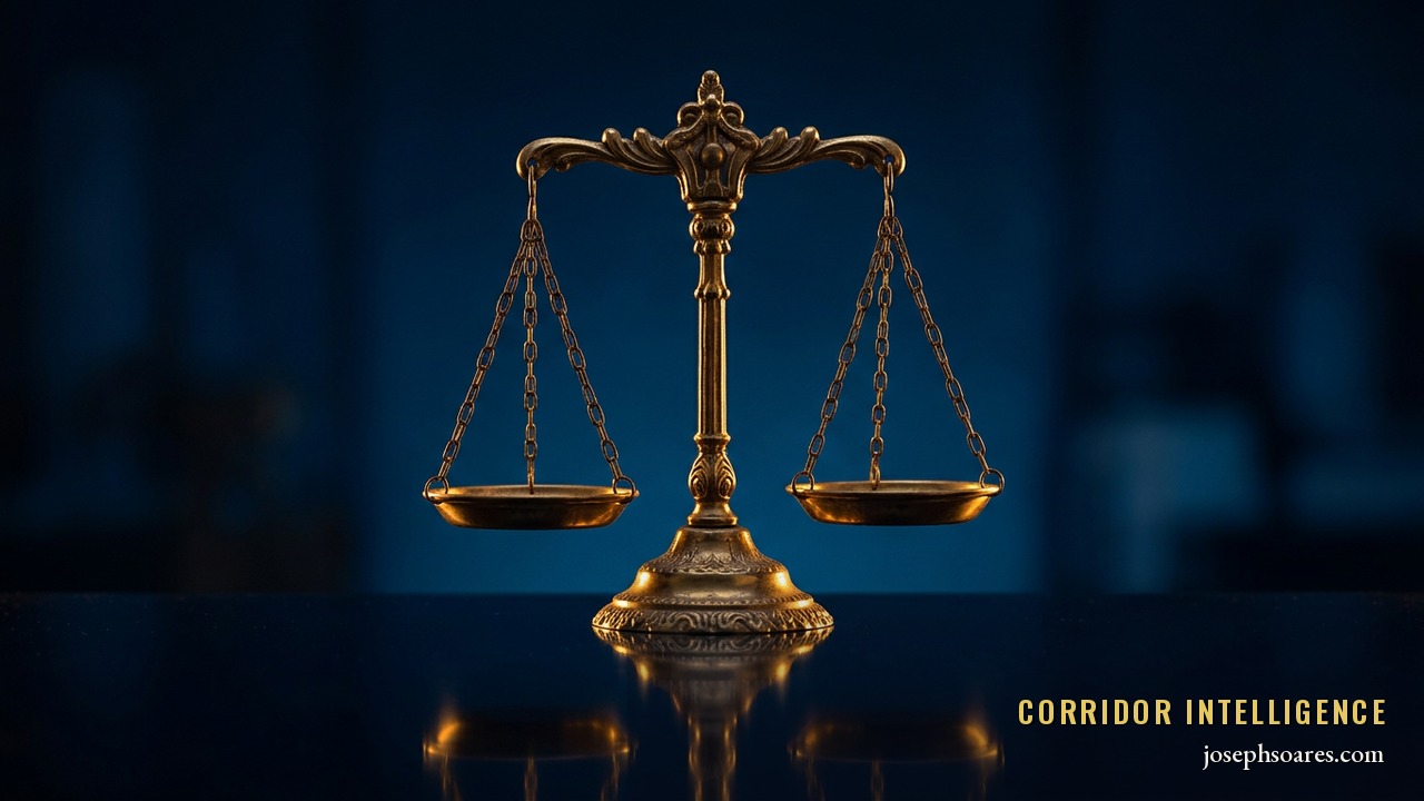 An antique brass balance scale catching gold light against deep navy — trade negotiation and leverage