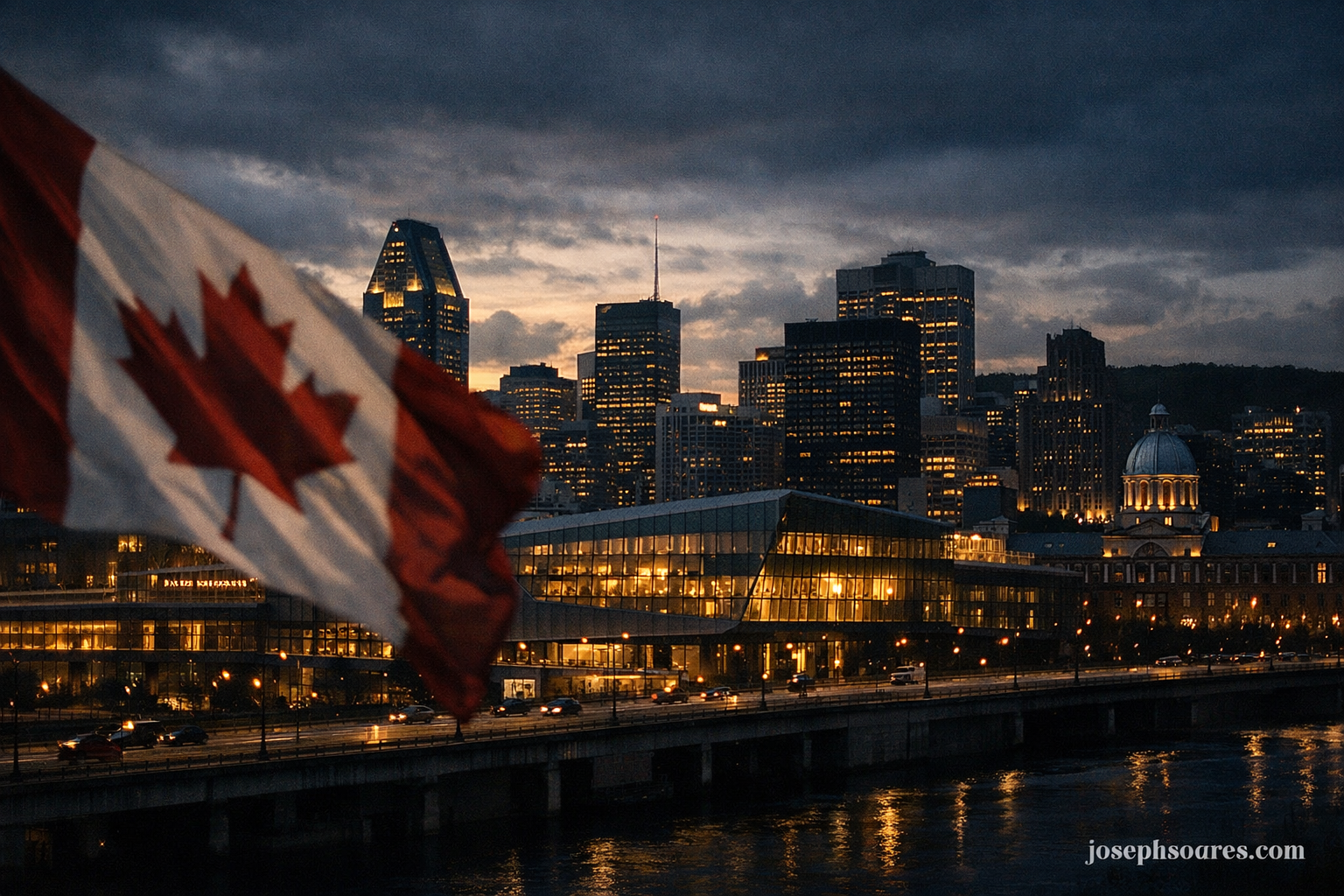 Montreal skyline with Canadian flag — Liberal Convention 2026