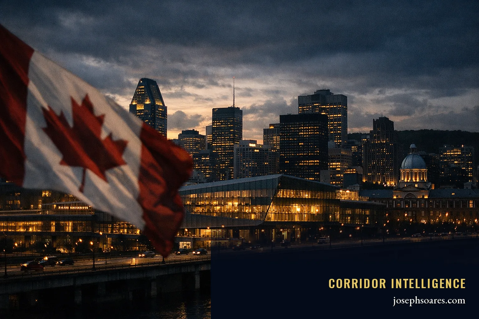 Montreal skyline with Canadian flag — Liberal Convention 2026