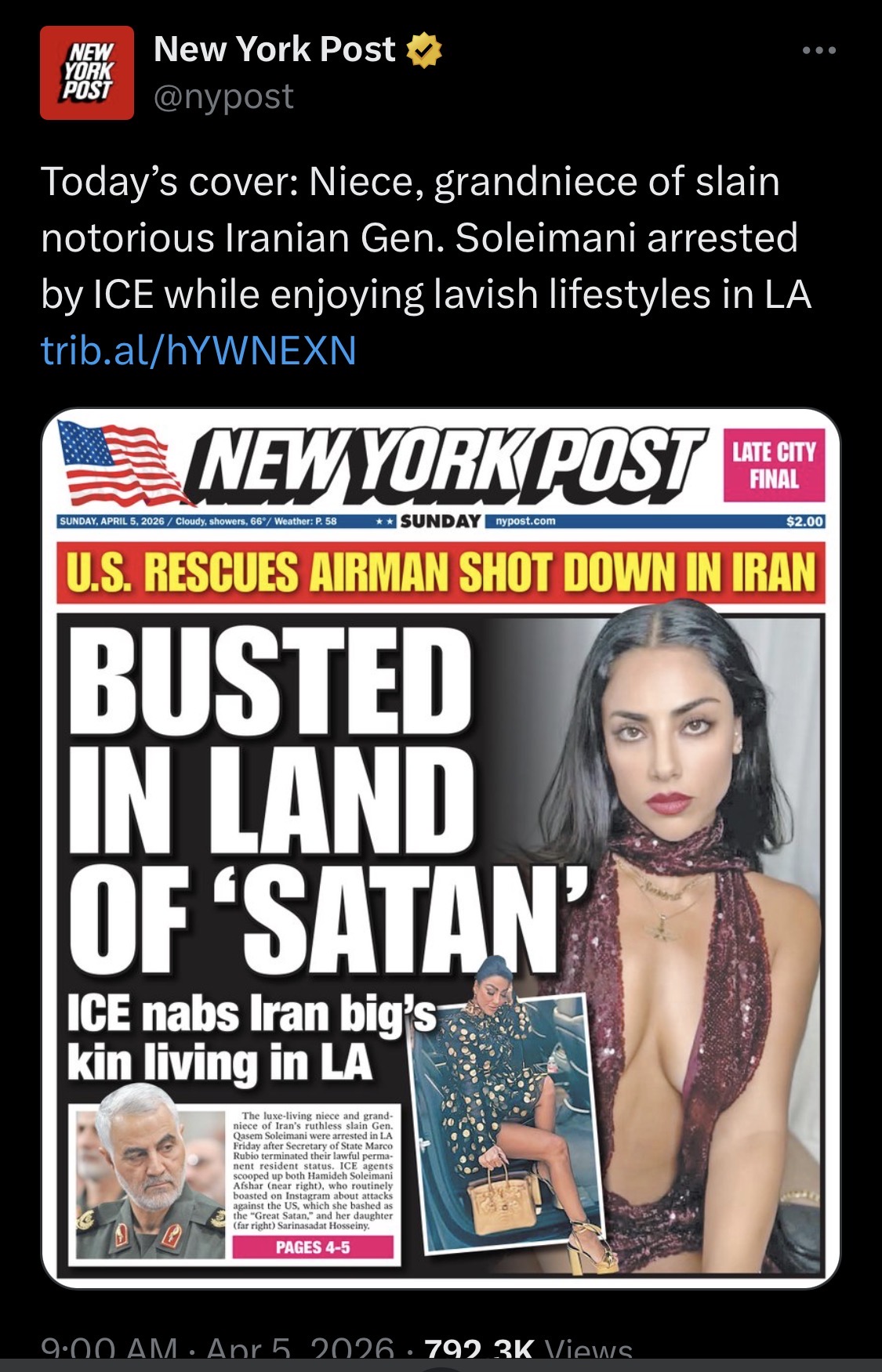 New York Post front page — Soleimani family arrested by ICE in Los Angeles